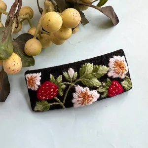 Cotton Linen Barrette Hair Clip for Women | Juicy Strawberry | Embroidered | Black