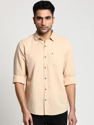 Cotton Linen Beige Slim Fit Solid Casual Shirt