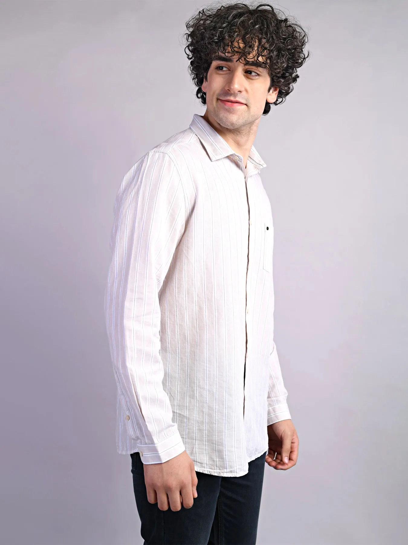 Cotton Linen Beige Striped Slim Fit Full Sleeve Casual Shirt