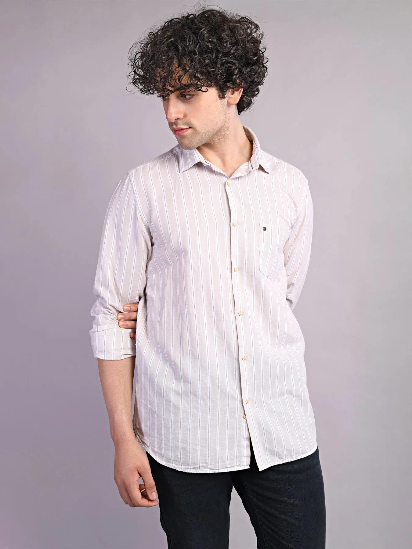 Cotton Linen Beige Striped Slim Fit Full Sleeve Casual Shirt