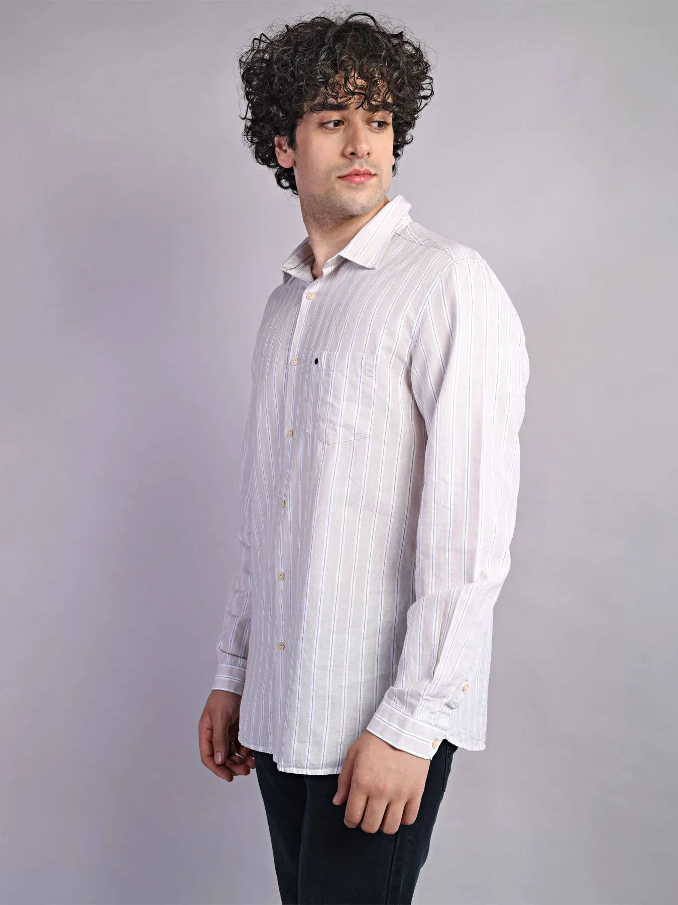 Cotton Linen Beige Striped Slim Fit Full Sleeve Casual Shirt