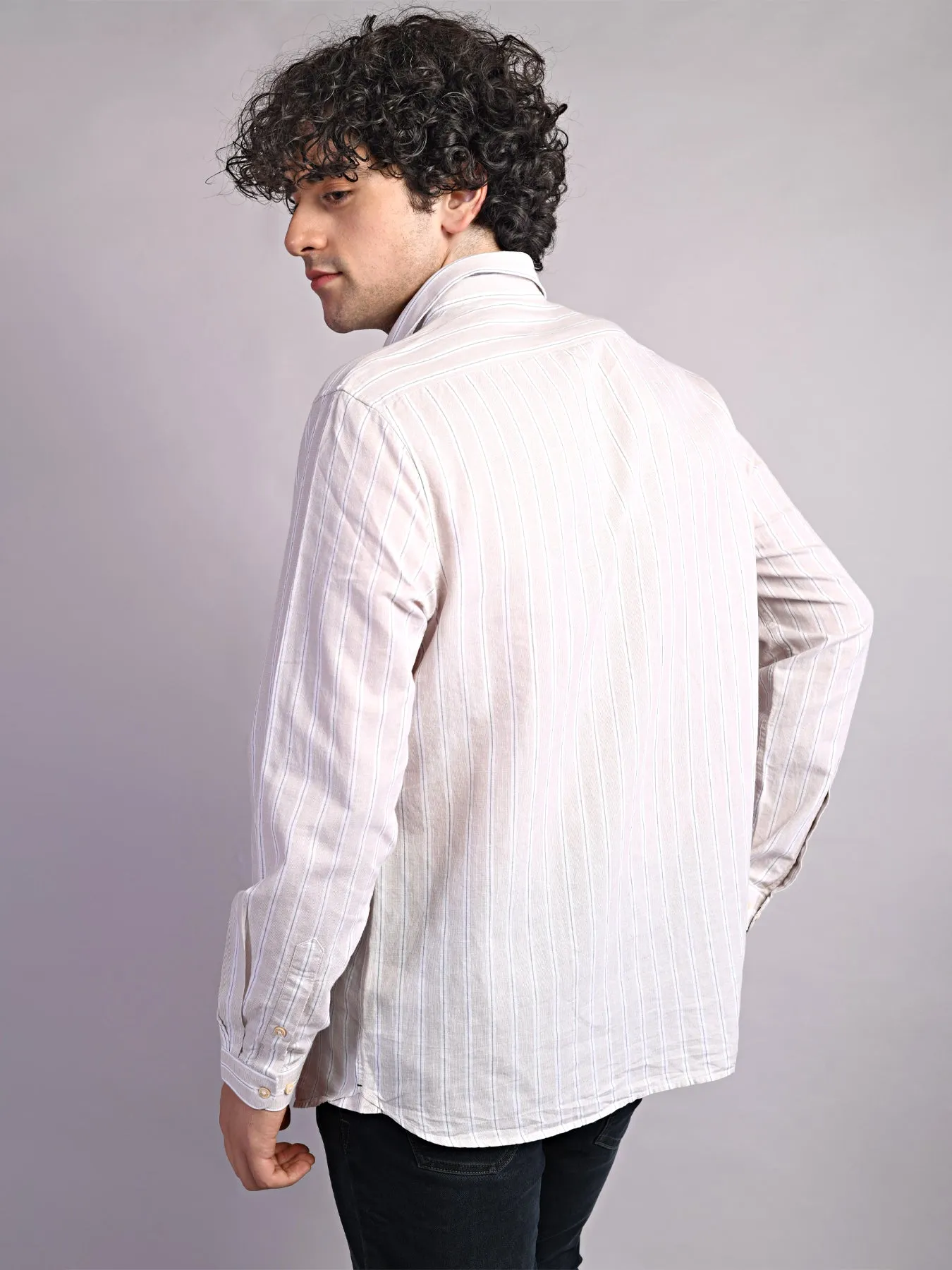 Cotton Linen Beige Striped Slim Fit Full Sleeve Casual Shirt