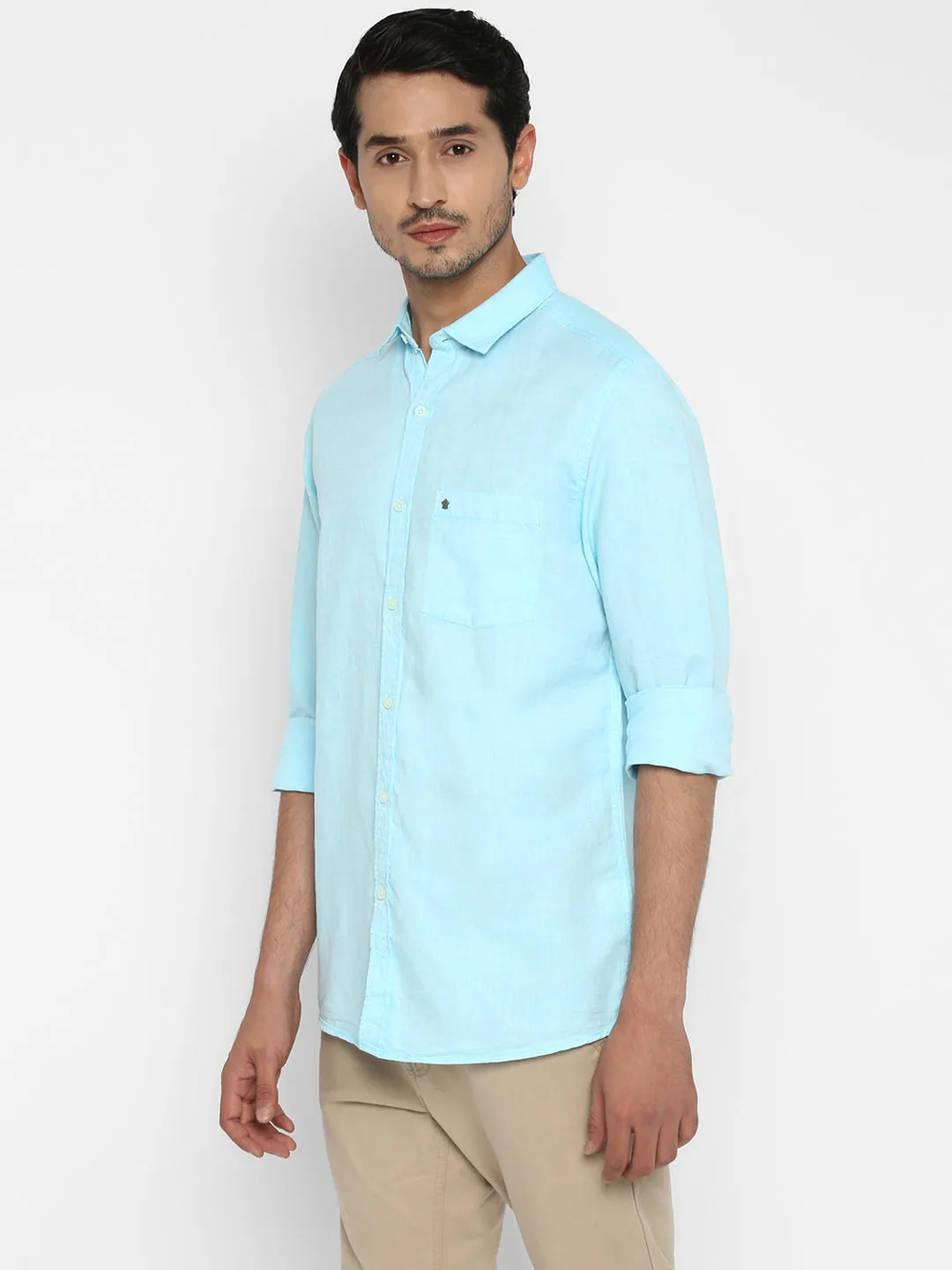 Cotton Linen Blue Solid Slim Fit Casual Shirt