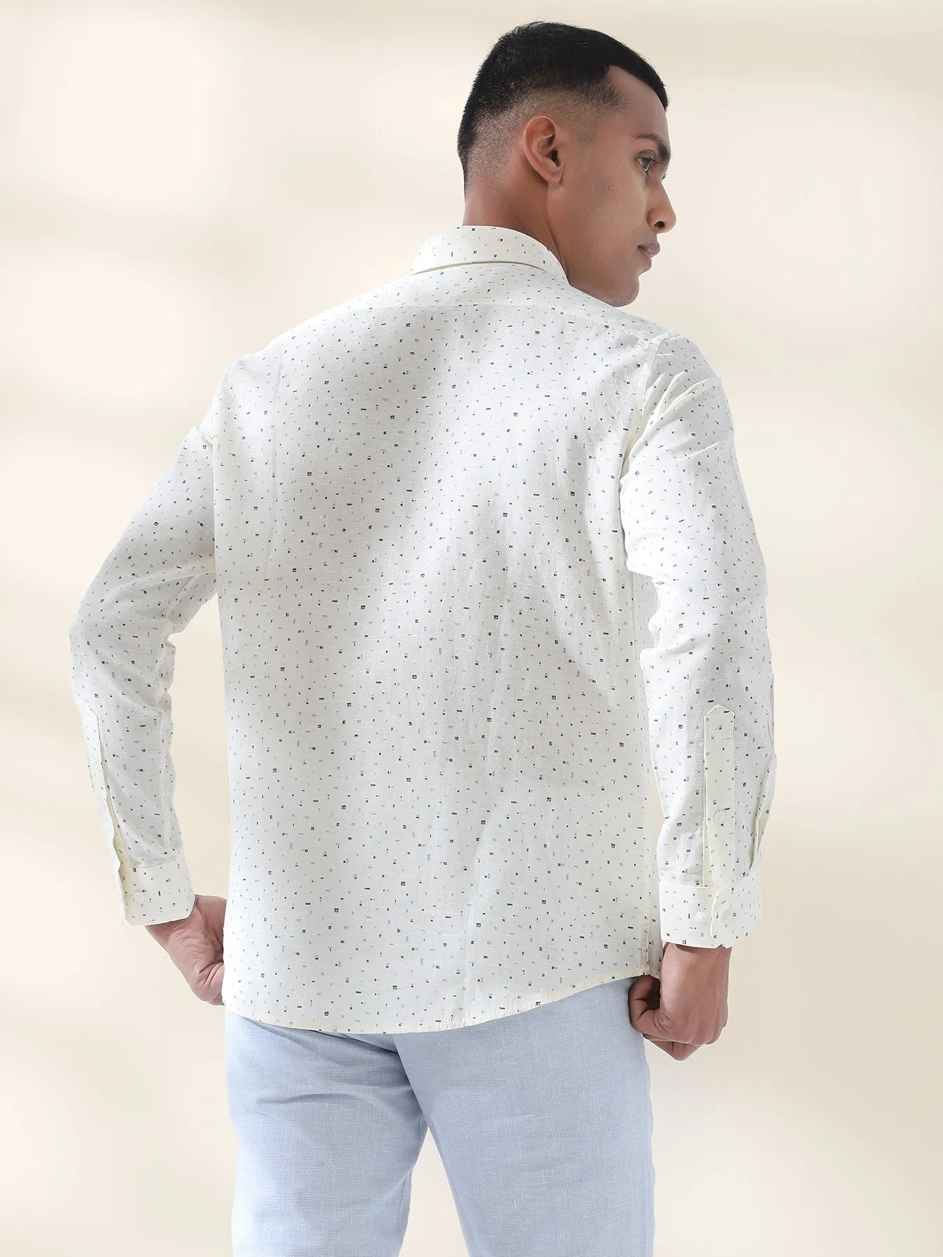 Cotton Linen Cream Printed Full Sleeve Formal Shirt