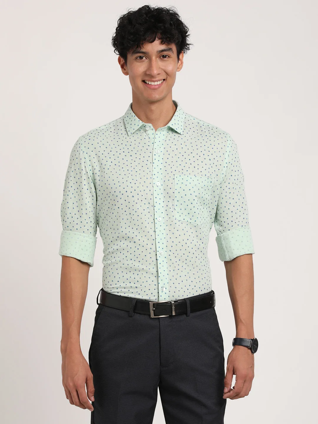 Cotton Linen Green Printed Slim Fit Full Sleeve Formal Shirt