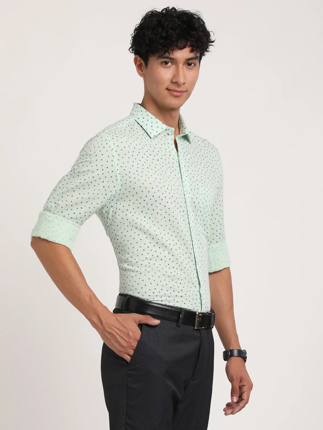 Cotton Linen Green Printed Slim Fit Full Sleeve Formal Shirt