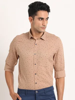 Cotton Linen Khaki Printed Slim Fit Full Sleeve Formal Shirt