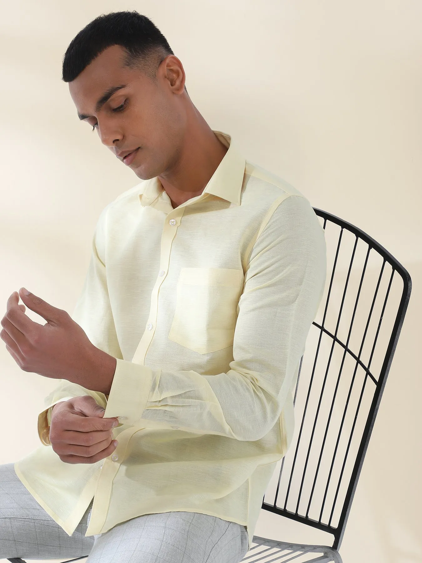 Cotton Linen Lemon Plain Full Sleeve Formal Shirt