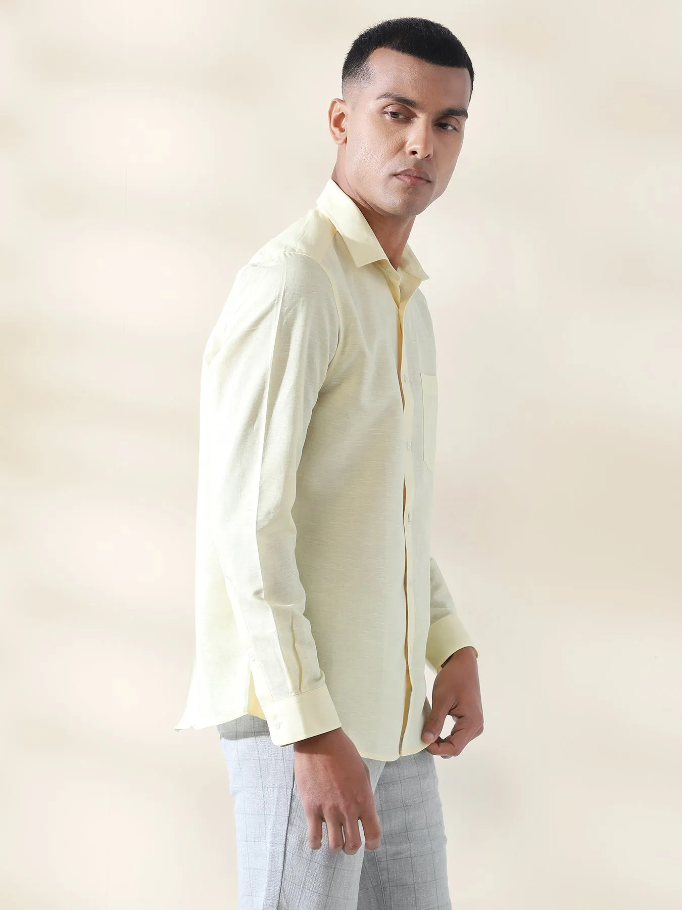 Cotton Linen Lemon Plain Full Sleeve Formal Shirt