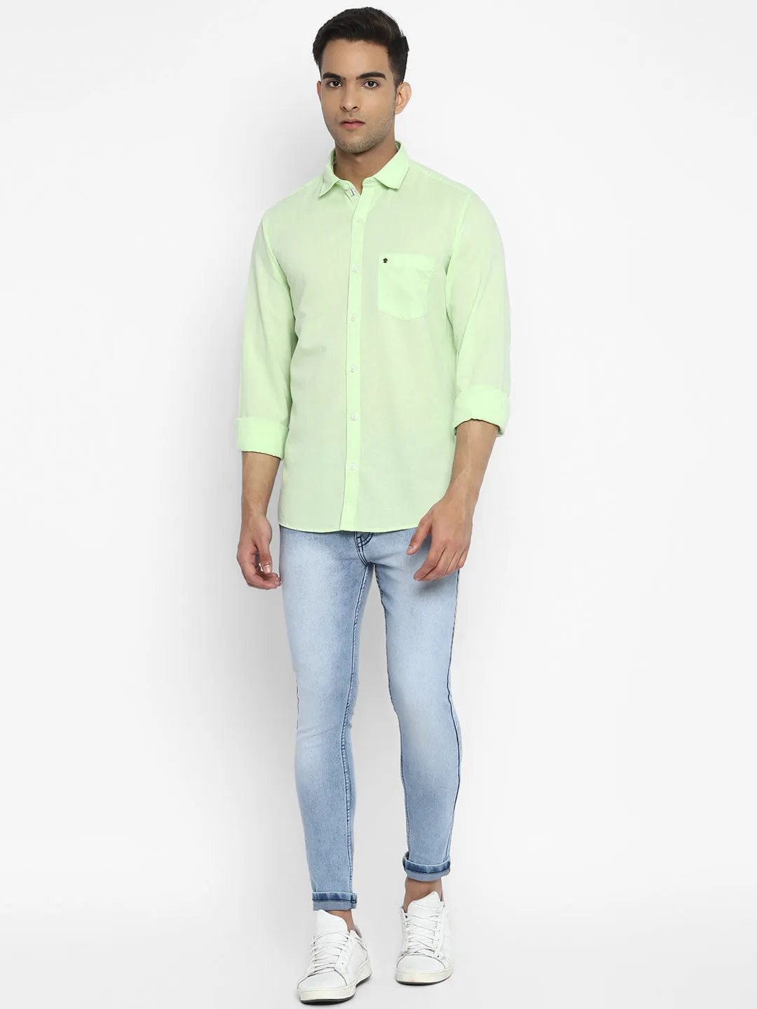 Cotton Linen Light Green Solid Slim Fit Shirt