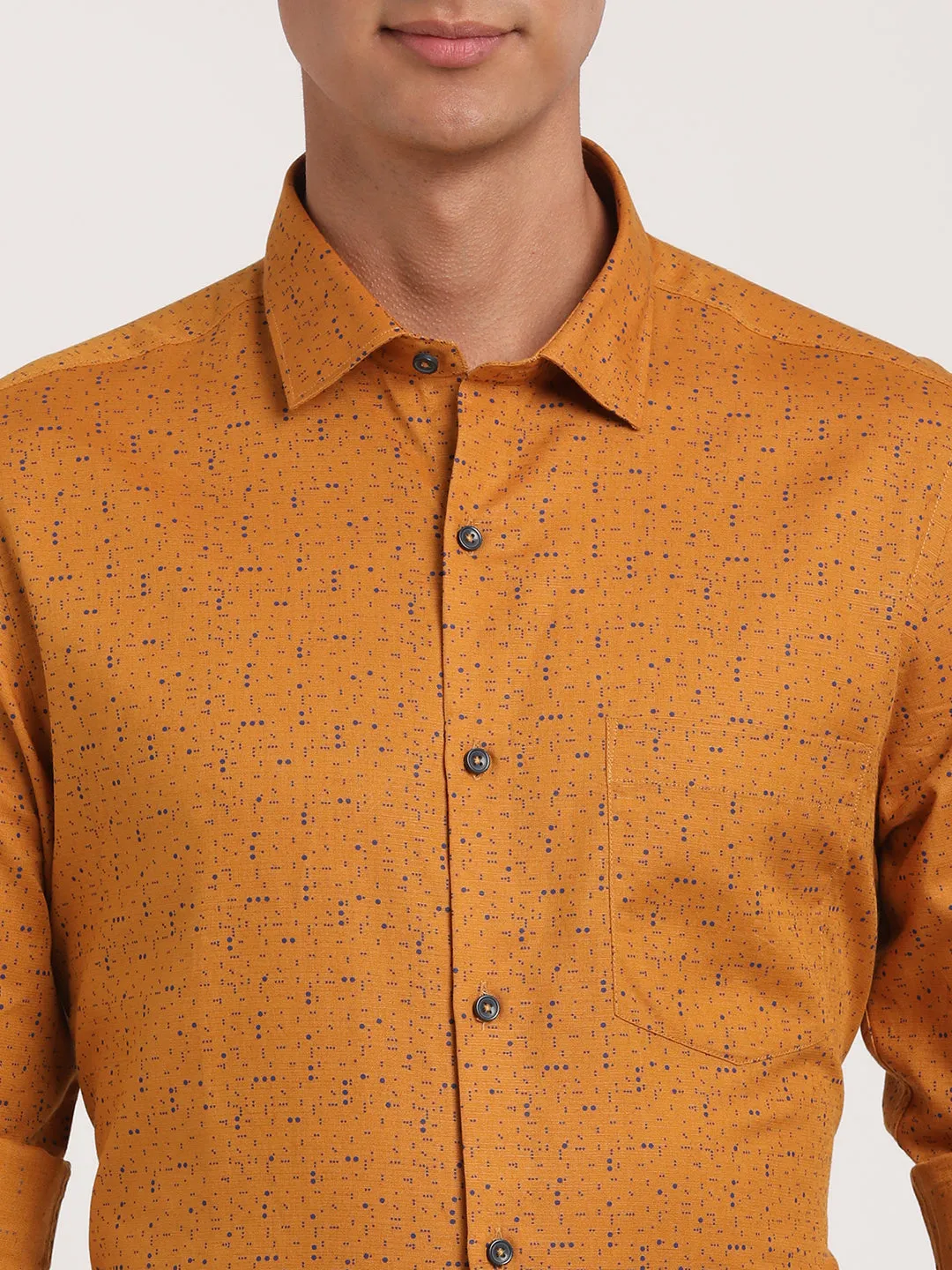 Cotton Linen Musterd Yellow Printed Slim Fit Full Sleeve Formal Shirt