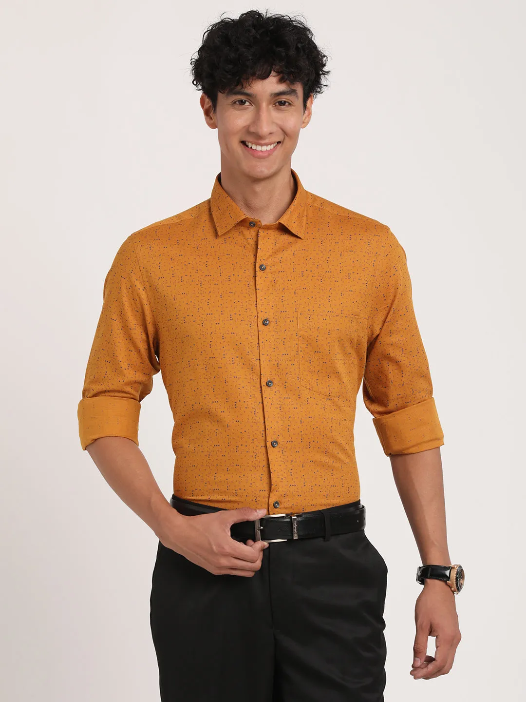 Cotton Linen Musterd Yellow Printed Slim Fit Full Sleeve Formal Shirt