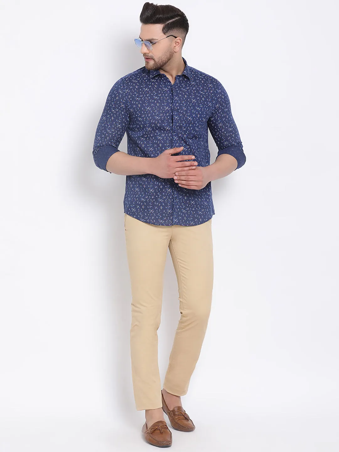 Cotton Linen Navy Blue Printed Slim Fit Full Sleeve Formal Shirt