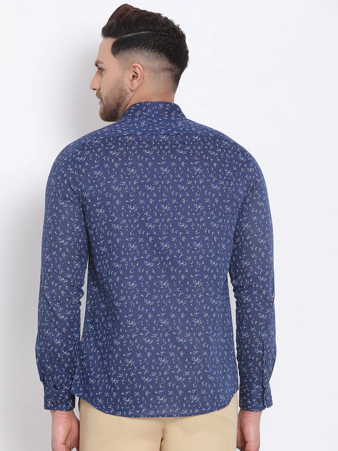 Cotton Linen Navy Blue Printed Slim Fit Full Sleeve Formal Shirt