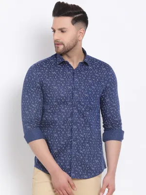 Cotton Linen Navy Blue Printed Slim Fit Full Sleeve Formal Shirt