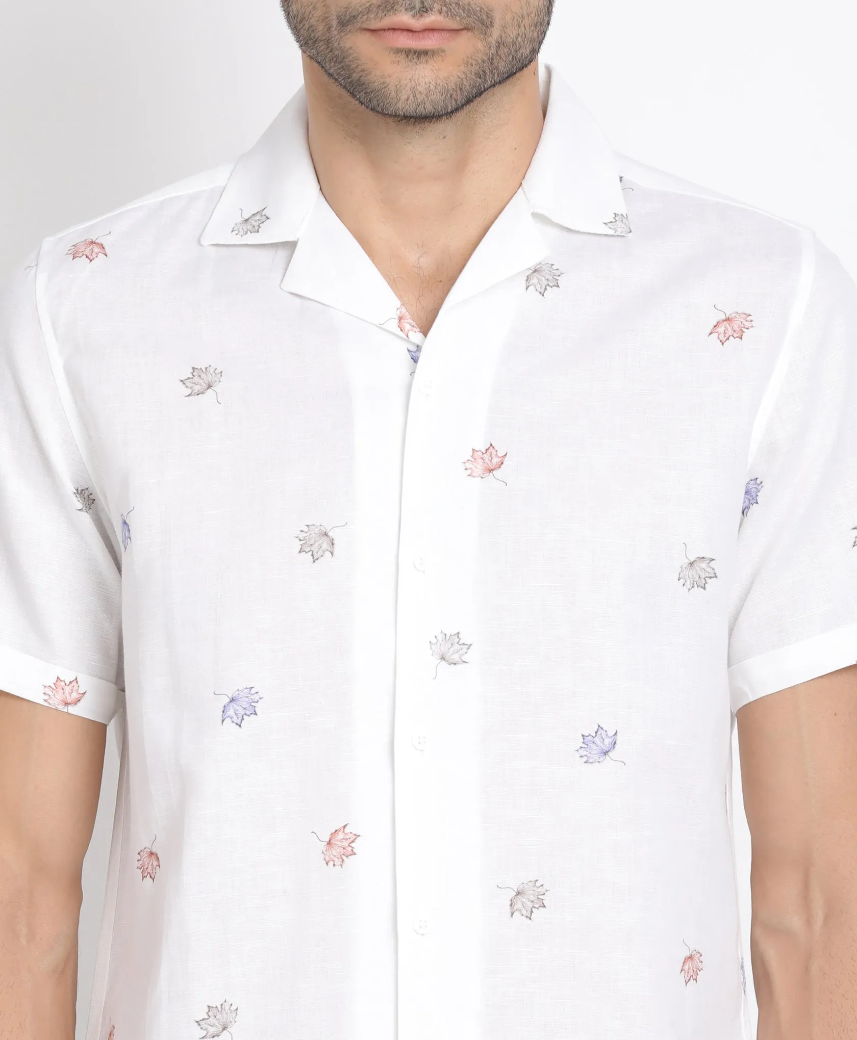 Cotton Linen White Printed Slim Fit Half Sleeve Cuban Collar Casual Shirt