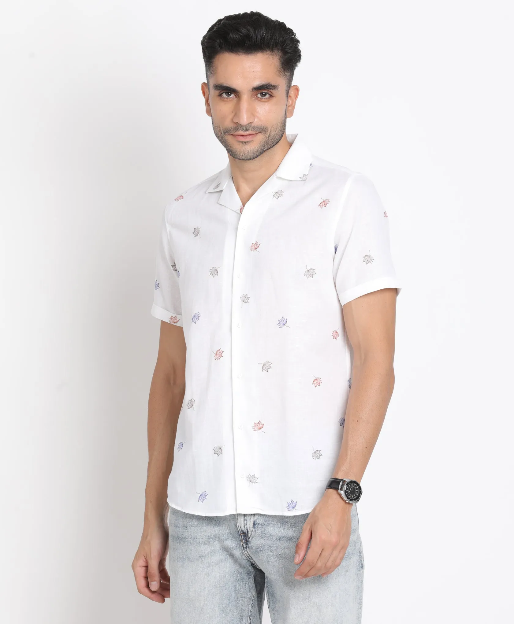 Cotton Linen White Printed Slim Fit Half Sleeve Cuban Collar Casual Shirt