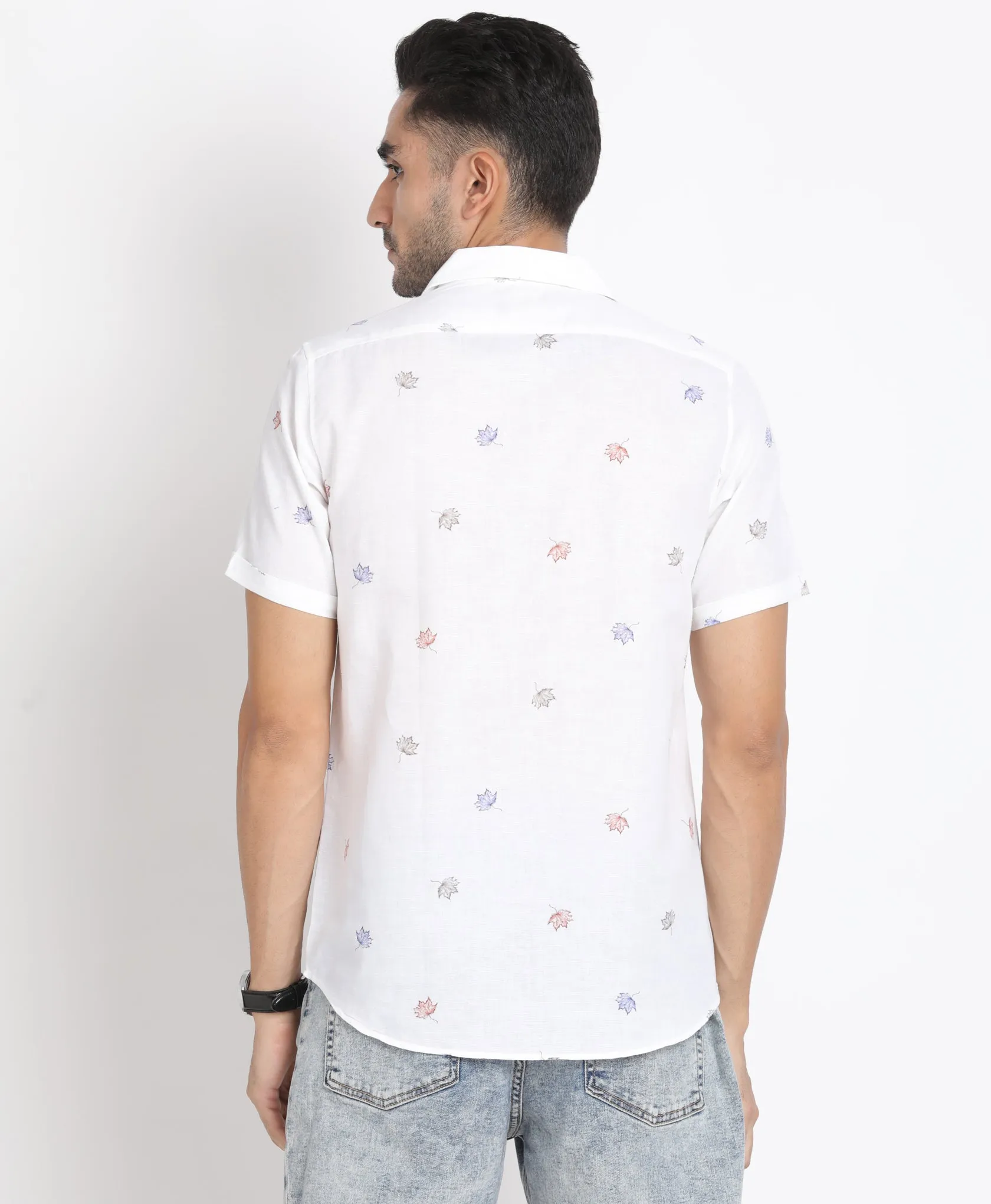 Cotton Linen White Printed Slim Fit Half Sleeve Cuban Collar Casual Shirt