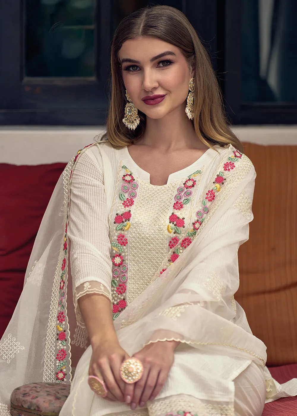 Cotton Lovely Off White Embroidered Pant Style Salwar Suit