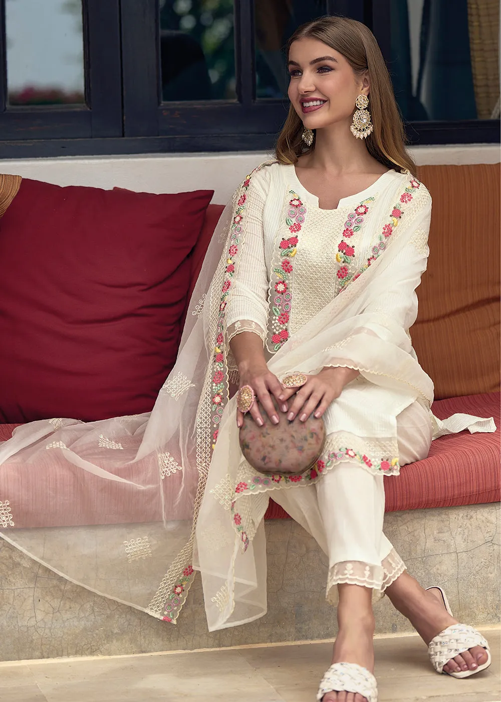 Cotton Lovely Off White Embroidered Pant Style Salwar Suit