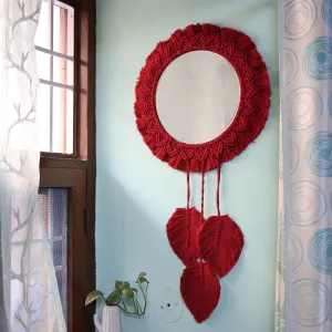 Cotton Macrame Catcher Wall Mirror | Wall Hanging | Red