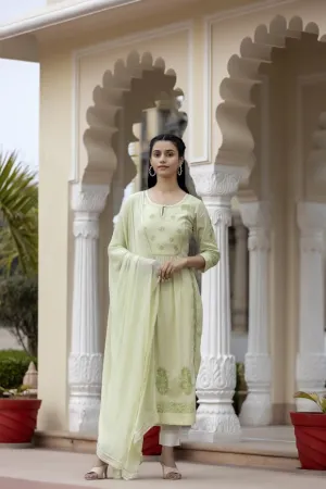 Cotton Mint Green Embroidered Chikankari Suit Set with Dupatta