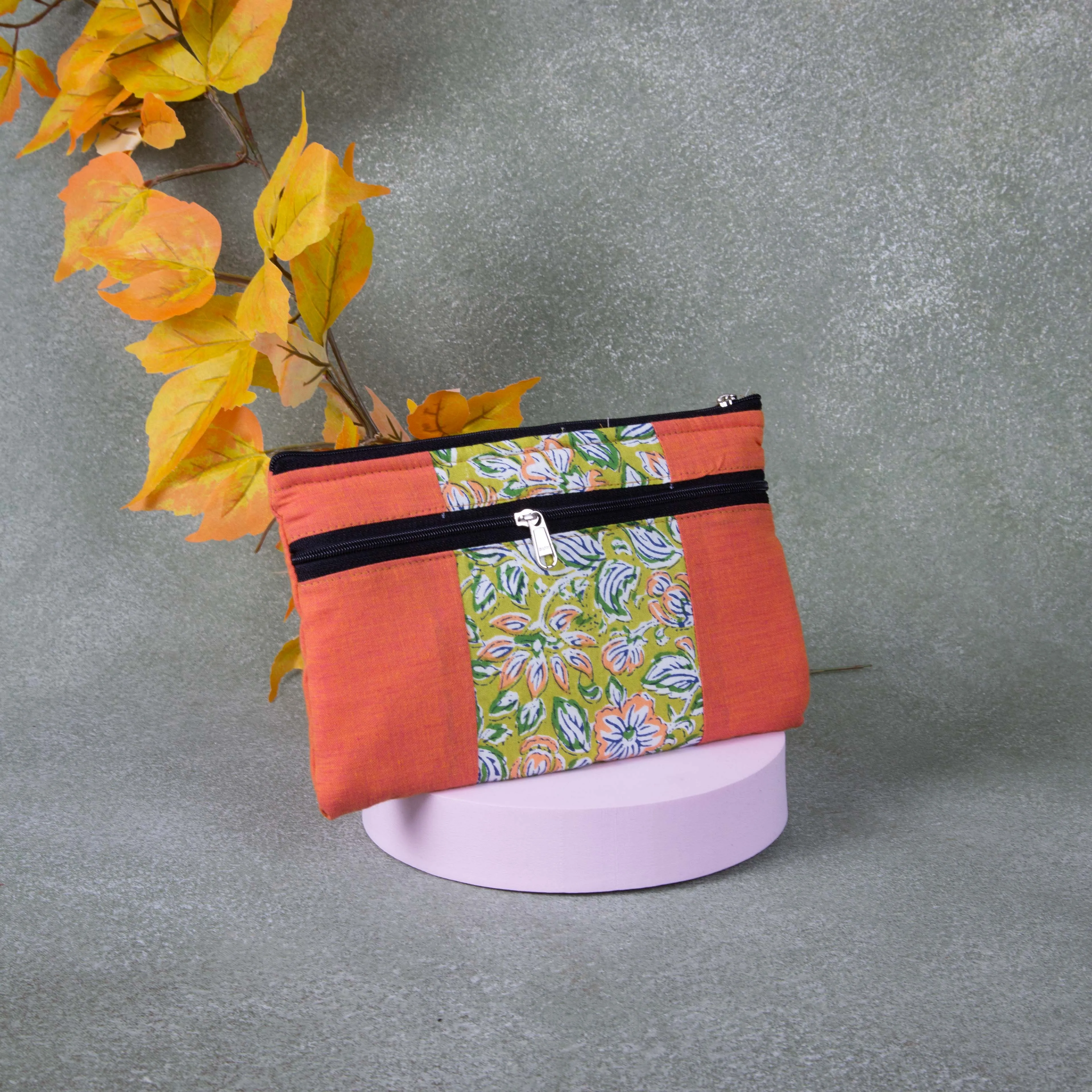 Cotton Multizip Purse Orange with Green with Flower Design.