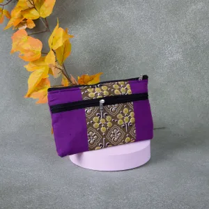 Cotton Multizip Purse Violet with Green Flower Design