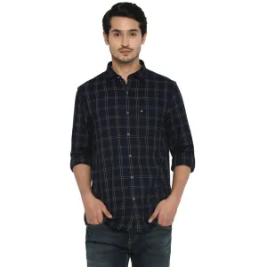 Cotton Navy Blue Slim Fit Checkered Shirt