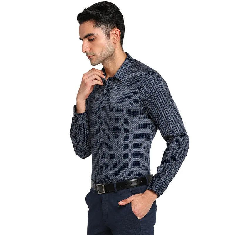 Cotton Navy Blue Slim Fit Printed Formal Shirt