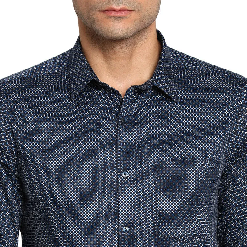 Cotton Navy Blue Slim Fit Printed Formal Shirt