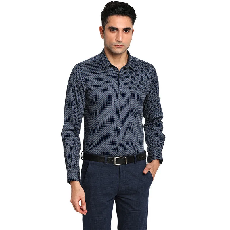 Cotton Navy Blue Slim Fit Printed Formal Shirt