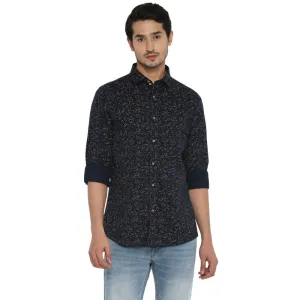 Cotton Navy Blue Slim Fit Printed Shirt