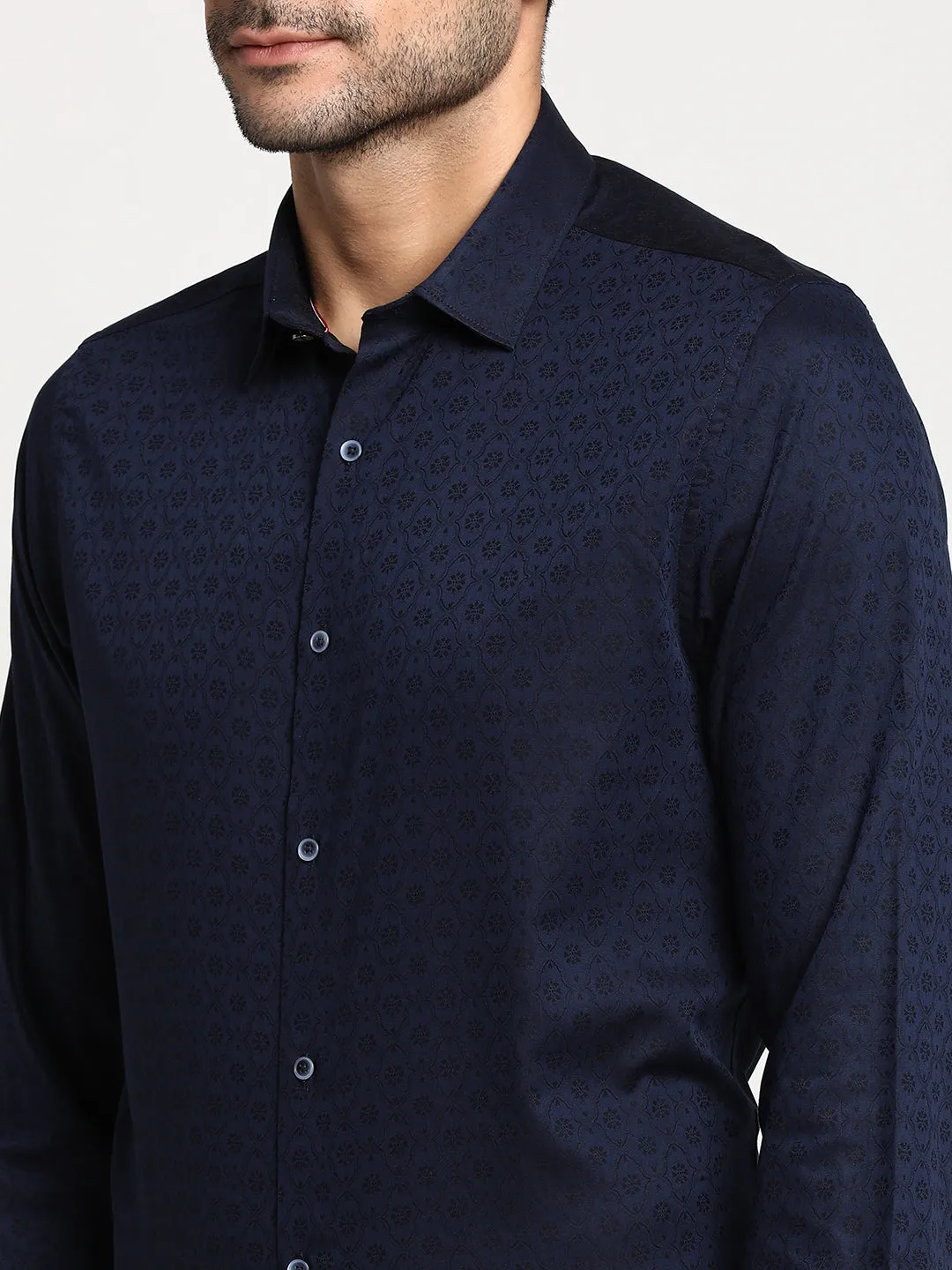 Cotton Navy Blue Slim Fit Self Design Formal Shirt