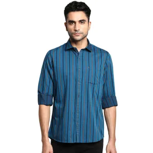 Cotton Navy Blue Slim Fit Striped Casual Shirt