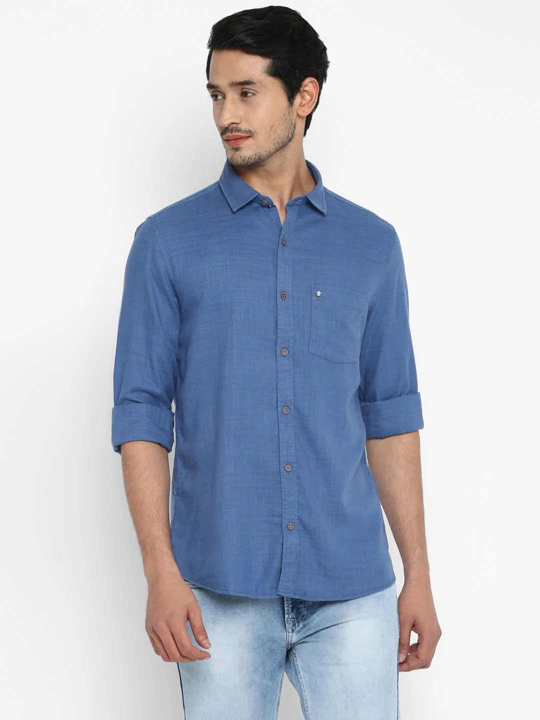 Cotton Navy Blue Solid Slim Fit Shirt