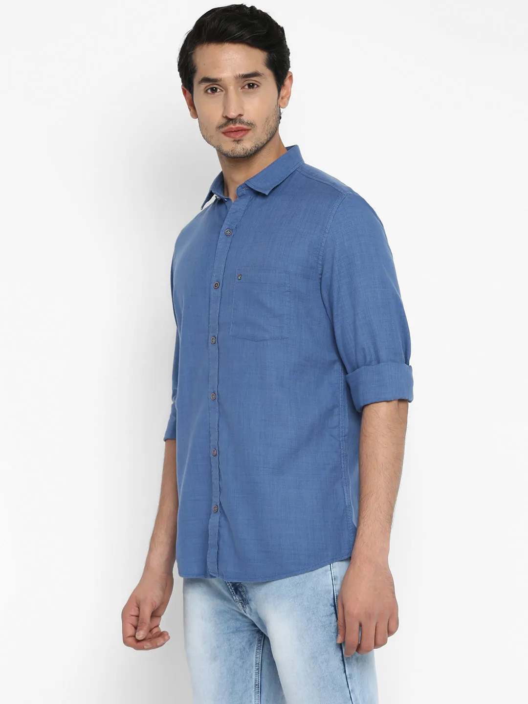 Cotton Navy Blue Solid Slim Fit Shirt