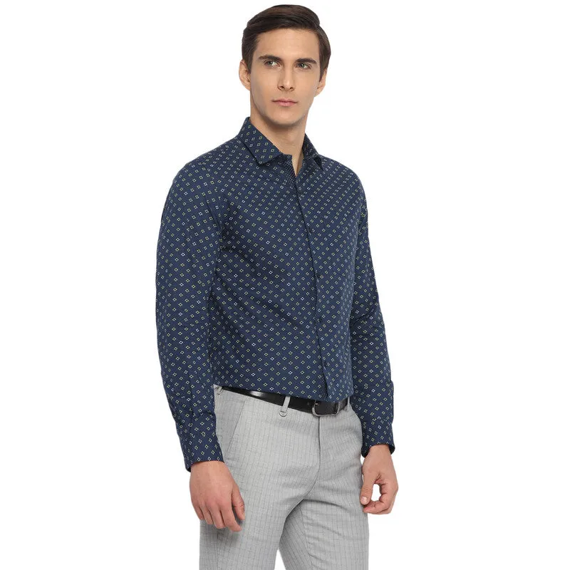 Cotton Navy Slim Fit Printed Formal Shirt