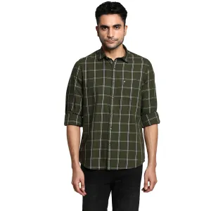 Cotton Olive Slim Fit Checked Shirt