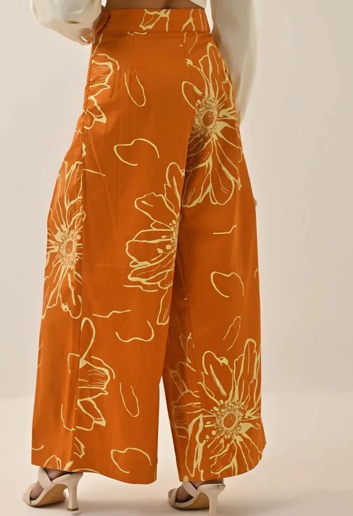 Cotton Orange Floral Printed Women's Trouser