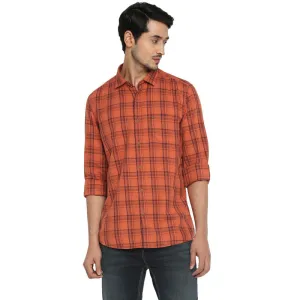 Cotton Orange Slim Fit Checkered Shirt