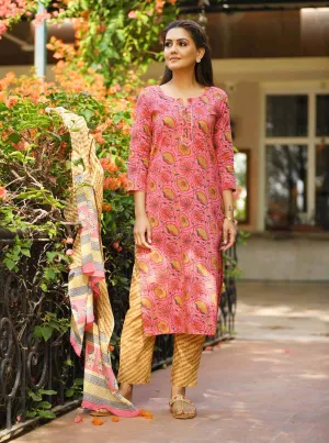 Cotton Pink Floral Print Suit Set