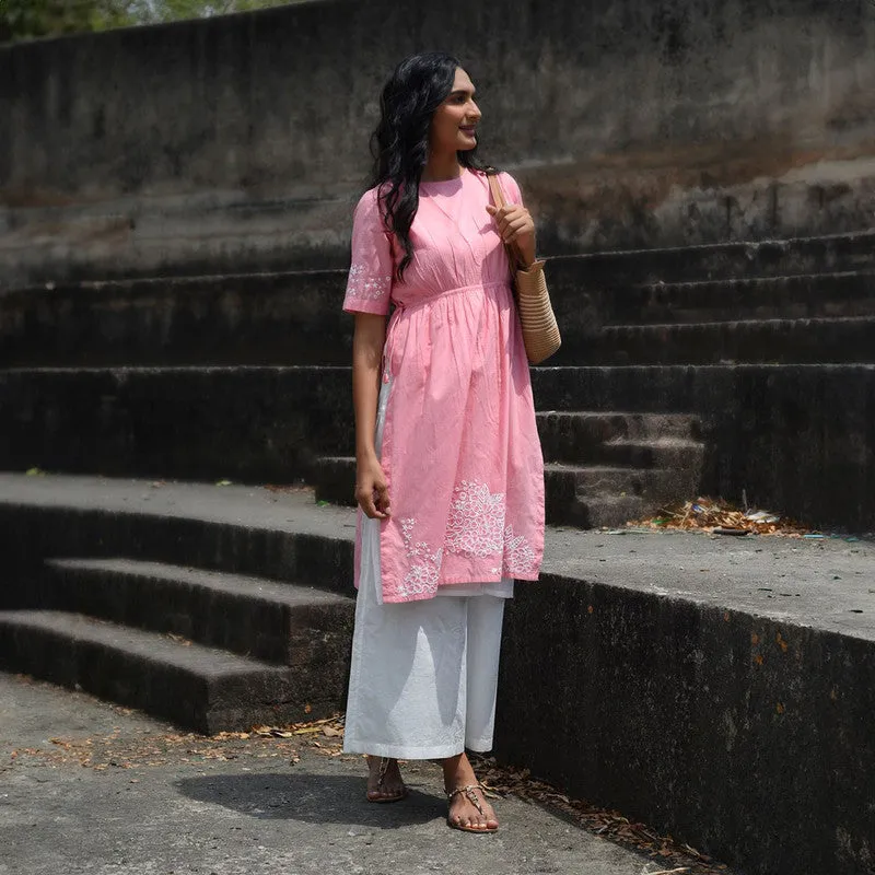 Cotton Pink Kurta for Women | Hand Embroidered