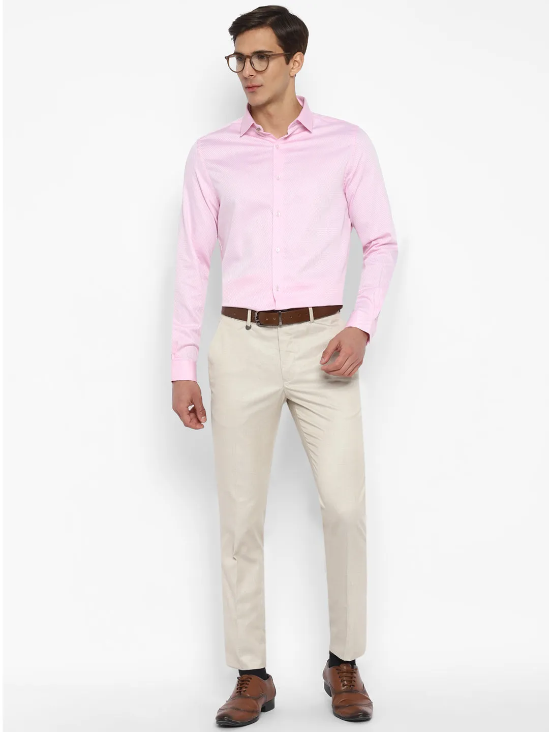 Cotton Pink Self Desing Slim Fit Shirts