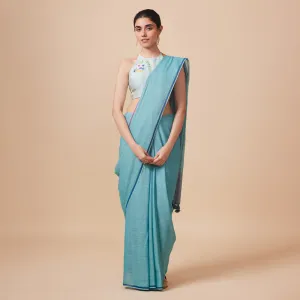 Cotton Printed Saree with Blouse | Aqua Blue