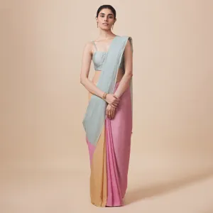 Cotton Printed Saree with Blouse | Light Blue & Pink