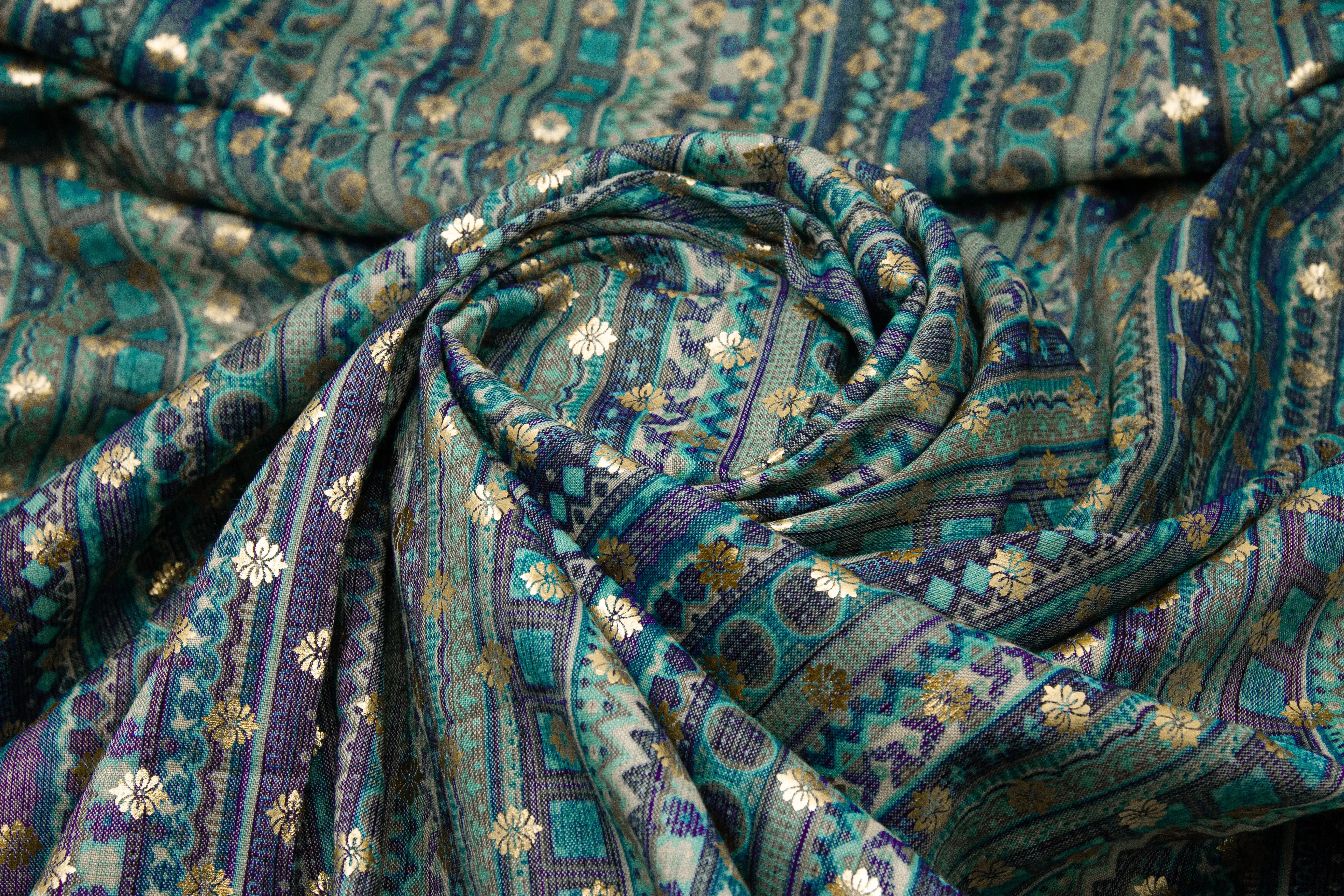 Cotton Rayon Foil Print Mint Blue Fabric