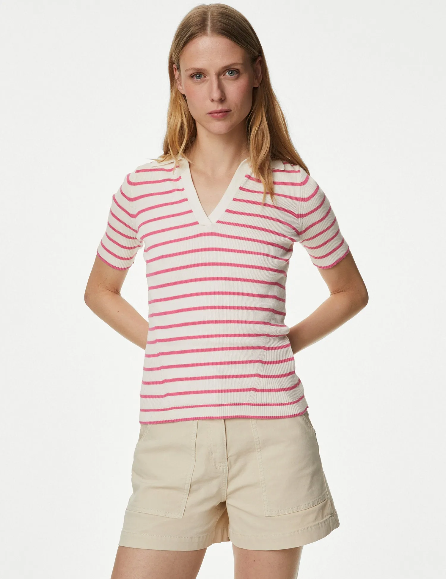 Cotton Rich Striped Collared Knitted Top