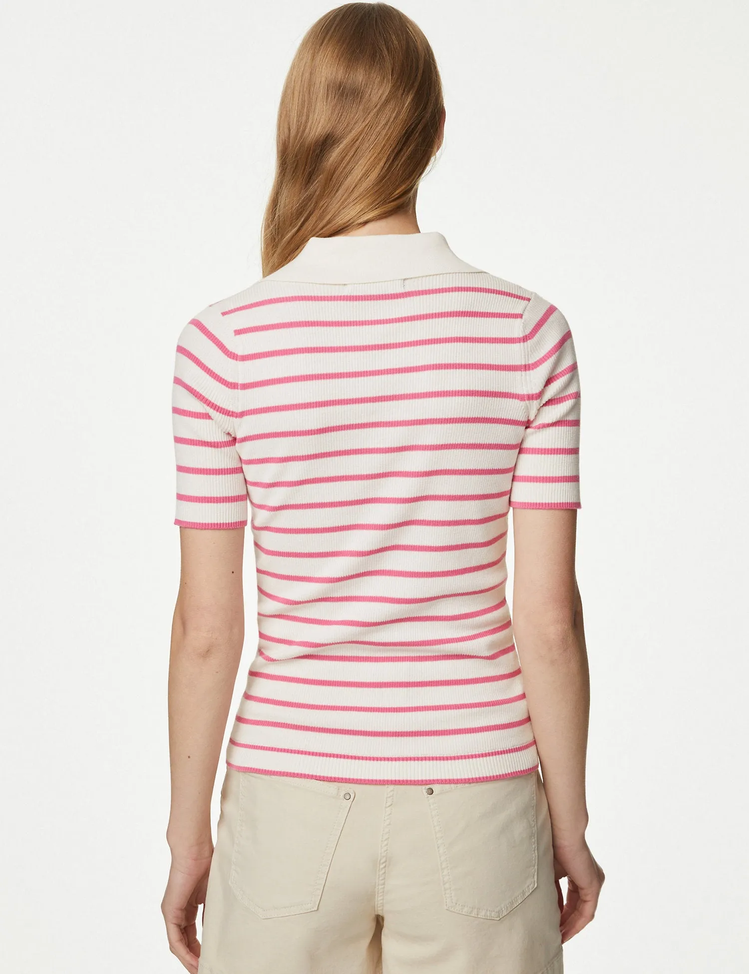 Cotton Rich Striped Collared Knitted Top