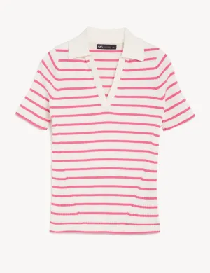 Cotton Rich Striped Collared Knitted Top